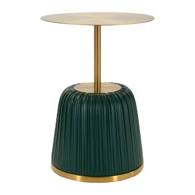 Table basse en m&eacute;tal dor&eacute; et similicuir pliss&eacute; vert, &oslash; 40&times;55