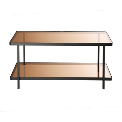 Table basse en m&eacute;tal noir avec plateaux en verre fum&eacute; l100 cm