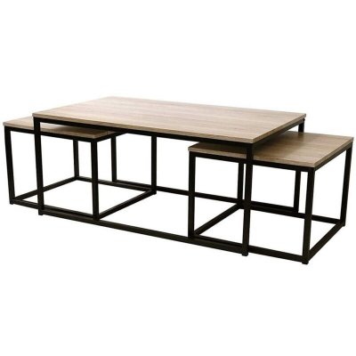 Table basse en trois parties - effet bois et m&eacute;tal - loft