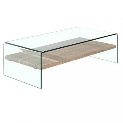 Table basse en verre tremp&eacute; avec &eacute;tag&egrave;re en bois d&eacute;cor ch&ecirc;ne - ICE