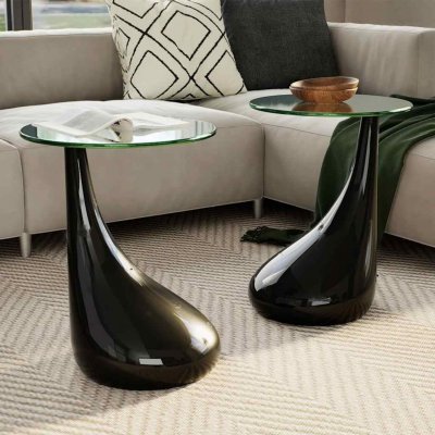 Table basse et dessus de table verre rond noir brillant 2 pcs