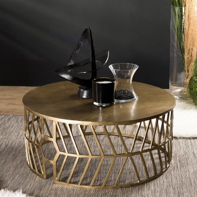 Table Basse JOHAN Ronde 89X89Cm Aluminium Dor&eacute; Pietement Graphique