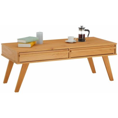 Table basse JONA avec 2 tiroirs, en pin massif lasur&eacute; brun