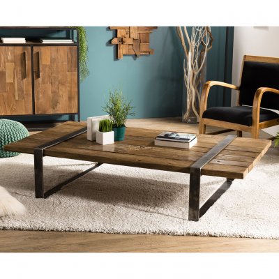 Table Basse MATHIS Multi-Planches Bois Massif Cercl&eacute;e M&eacute;tal