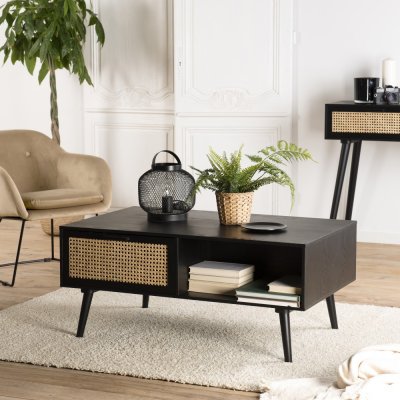 Table basse noire 2 tiroirs cannage 1 niche - MIGUEL