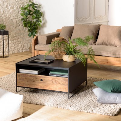 Table basse noire 80x80cm 1 tiroir bois Pin recycl&eacute; et m&eacute;tal DANDY