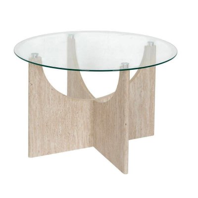 Table basse &Oslash;70cm plateau verre et pi&eacute;tement en MDF aspect travertin - VERTINA