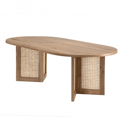 Table basse ovale avec pi&egrave;tements rotin l120 cm