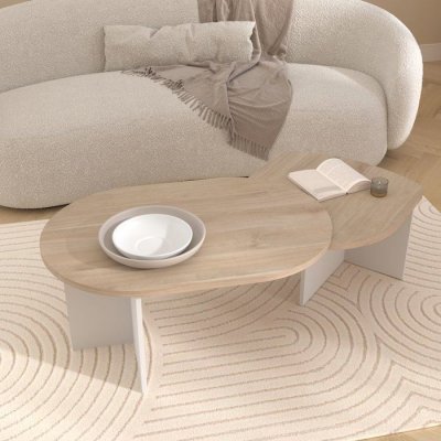 Table basse ovale BETTY plateau pivotant ch&ecirc;ne blanc 90-130,4 cm