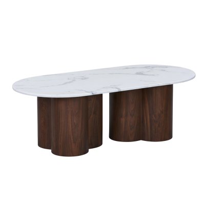 Table basse ovale en marbre composite pieds couleur bois fonc&eacute; 120 cm
