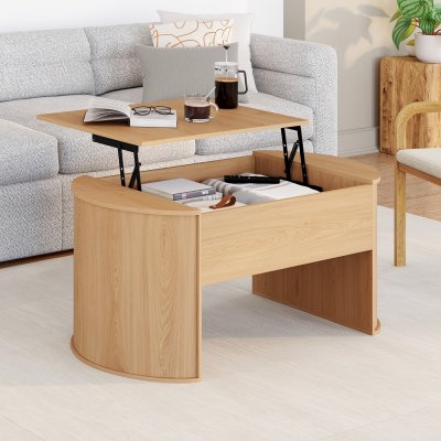 Table basse ovale plateau relevable 100 cm bois fa&ccedil;on h&ecirc;tre design arrondi