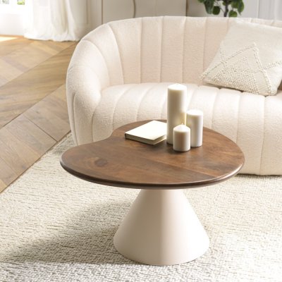 Table basse ovo&iuml;de plateau en manguier pied en m&eacute;tal ivoire