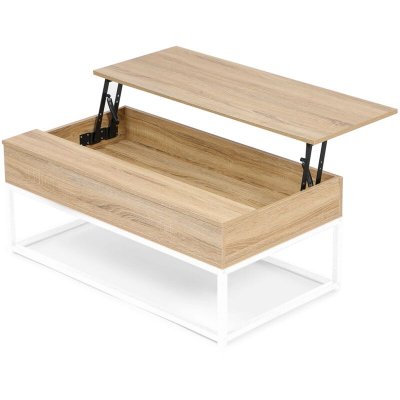 Table basse plateau relevable detroit design industriel bois et m&eacute;tal blanc