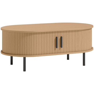 Table basse portes coulissantes rangement cach&eacute; m&eacute;tal bois naturel