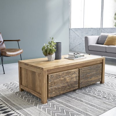 BERAH GETAH Table basse rectangulaire en teck recycl&eacute; massif 120 cm CARGO