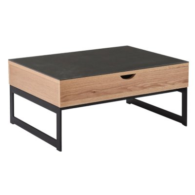 Table basse relevable mdf placage ch&ecirc;ne et c&eacute;ramique pi&egrave;tement m&eacute;tal