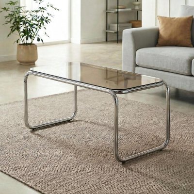 Table basse r&eacute;tro 90cm verre tremp&eacute; marron et structure chrom&eacute;e AMAYA