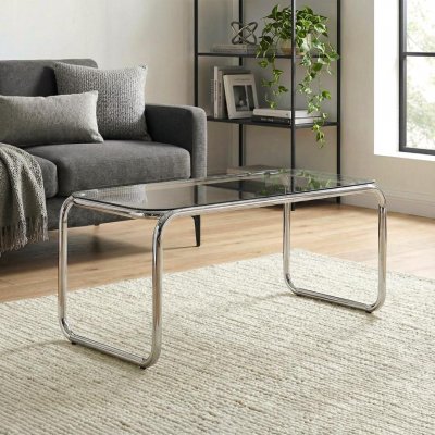 Table basse r&eacute;tro 90cm verre tremp&eacute; noir et structure chrom&eacute;e AMAYA