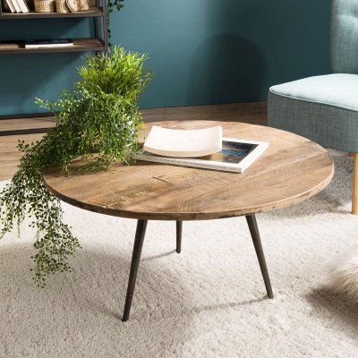 Table basse ronde 75cm bois de Teck recycl&eacute; et m&eacute;tal - SIANA