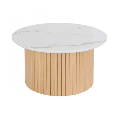 Table basse ronde avec plateau effet marbre blanc - Diam&egrave;tre 70 x Hauteur 40 cm