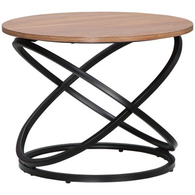 Table basse ronde design industriel n&eacute;o-r&eacute;tro &Oslash; 60 X 46H cm acier anneaux noir aspect ch&ecirc;ne clair