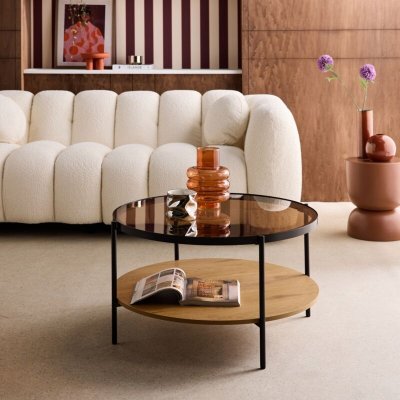 Table basse ronde double plateau verre. d&eacute;cor bois et m&eacute;tal - Smooky