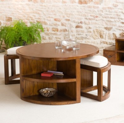 Table Basse Ronde EDEN 2 Tabourets Avec Coussins Bois Mindi