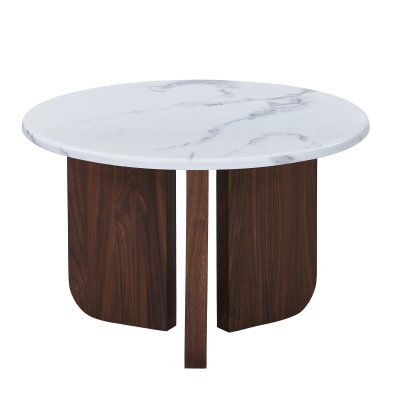 Table basse ronde en marbre composite pieds couleur bois fonc&eacute; d60 cm
