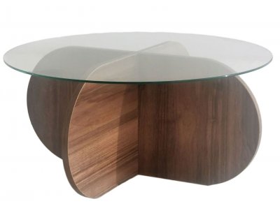 Table basse ronde moderne bosi noyer et verre tremp&eacute; Lova 75 cm