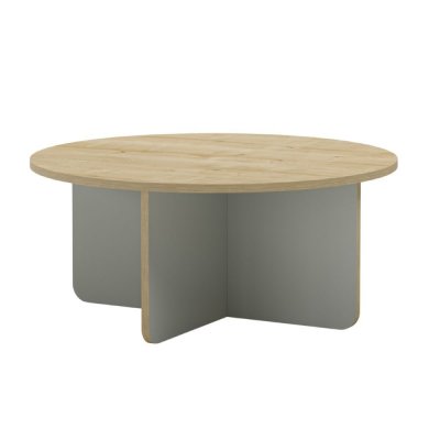 Table basse ronde &oslash;80cm m&eacute;lamin&eacute; plateau imitation bois pieds vert