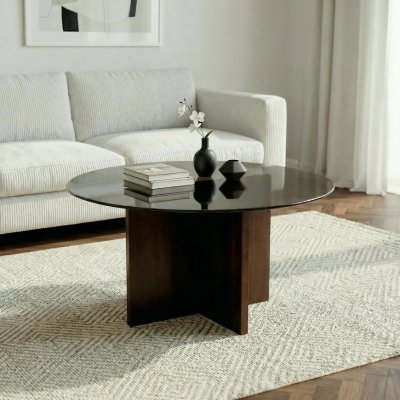 Table basse ronde &Oslash;80cm verre tremp&eacute; noir et structure noyer GIULIA