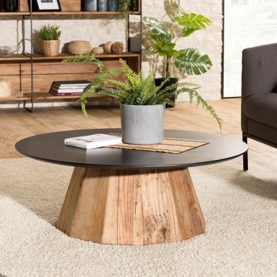 Table basse ronde Pin recycl&eacute; et contreplaqu&eacute; DANIDO
