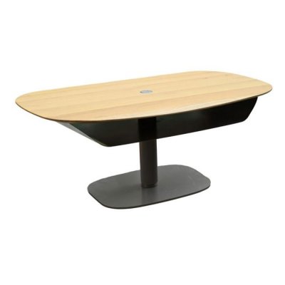 Table basser&eacute;glable hauteur plateau mdf ch&ecirc;ne pied m&eacute;tal laqu&eacute;