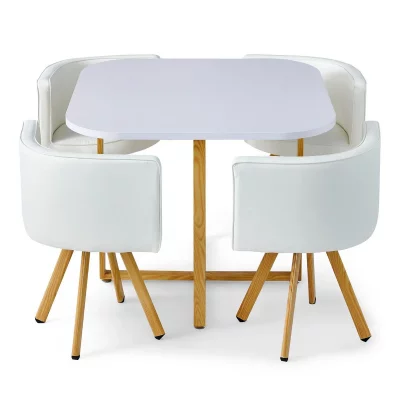 Table bois ch&ecirc;ne clair et 4 chaises similicuir blanc Paolo