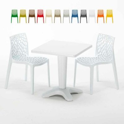 GRAND SOLEIL Table Carr&eacute;e Blanche 70x70cm Avec 2 Chaises Color&eacute;es Set Bar Caf&eacute; Gruvyer Patio, Couleur: Blanc