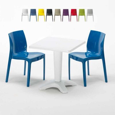 GRAND SOLEIL Table Carr&eacute;e Blanche 70x70cm Avec 2 Chaises Color&eacute;es Set Bar Caf&eacute; Ice Patio, Couleur: Bleu