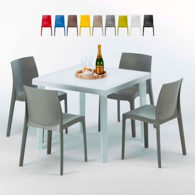 GRAND SOLEIL Table Carr&eacute;e Blanche 90x90cm Avec 4 Chaises Color&eacute;es Set Ext&eacute;rieur Bar Caf&eacute; Rome Love, Couleur: Gris