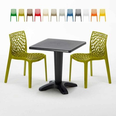 GRAND SOLEIL Table Carr&eacute;e Noire 70x70cm Avec 2 Chaises Color&eacute;es Set Bar Caf&eacute; Gruvyer Aia, Couleur: Anis vert