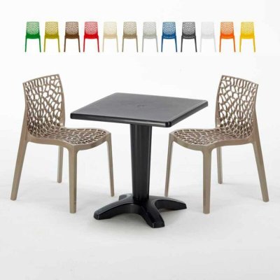 GRAND SOLEIL Table Carr&eacute;e Noire 70x70cm Avec 2 Chaises Color&eacute;es Set Bar Caf&eacute; Gruvyer Aia, Couleur: Beige Juta
