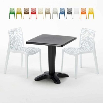 GRAND SOLEIL Table Carr&eacute;e Noire 70x70cm Avec 2 Chaises Color&eacute;es Set Bar Caf&eacute; Gruvyer Aia, Couleur: Blanc