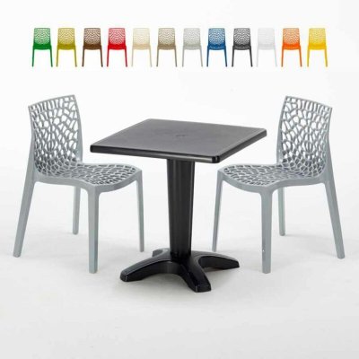 GRAND SOLEIL Table Carr&eacute;e Noire 70x70cm Avec 2 Chaises Color&eacute;es Set Bar Caf&eacute; Gruvyer Aia, Couleur: Gris