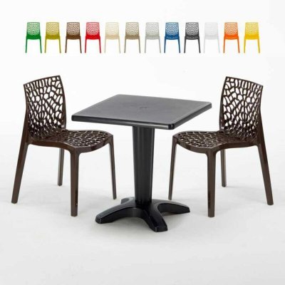 GRAND SOLEIL Table Carr&eacute;e Noire 70x70cm Avec 2 Chaises Color&eacute;es Set Bar Caf&eacute; Gruvyer Aia, Couleur: Marron