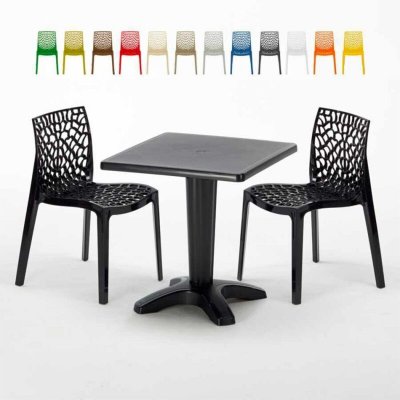 GRAND SOLEIL Table Carr&eacute;e Noire 70x70cm Avec 2 Chaises Color&eacute;es Set Bar Caf&eacute; Gruvyer Aia, Couleur: Noir