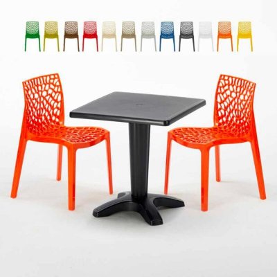 GRAND SOLEIL Table Carr&eacute;e Noire 70x70cm Avec 2 Chaises Color&eacute;es Set Bar Caf&eacute; Gruvyer Aia, Couleur: Orange