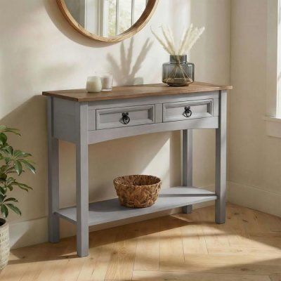 Table console RAMON avec 2 tiroirs, style mexicain en pin massif gris et brun