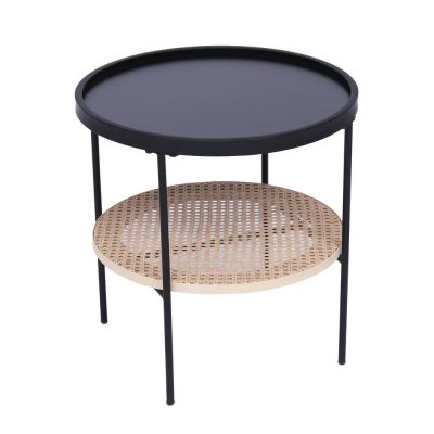 Table d'appoint en m&eacute;tal avec rangement en rotin naturel
