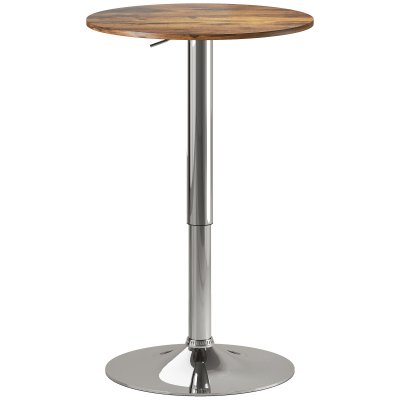 Table de bar bistro chic ronde hauteur r&eacute;glable m&eacute;tal chrom&eacute; pu marron
