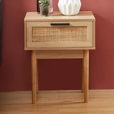 Table De Chevet Avec Cannage Naturel - 1 Tiroirs - D&eacute;cor Imitation Bo