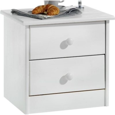 Table de chevet en pin RONDO 2 tiroirs, lasur&eacute; blanc