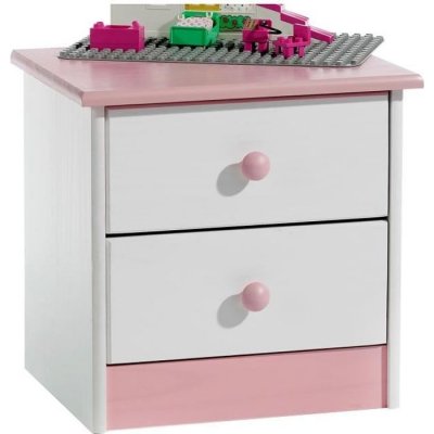 Table de chevet en pin RONDO 2 tiroirs, lasur&eacute; blanc/rose